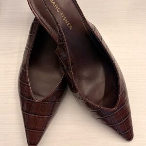 Marc Fisher Croc-Embossed Pointed Toe Slingback Mules - Brown